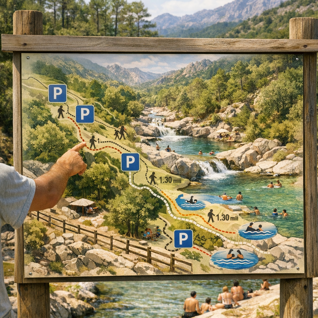 Carte terrain : parkings, temps de marche et secteurs de baignade