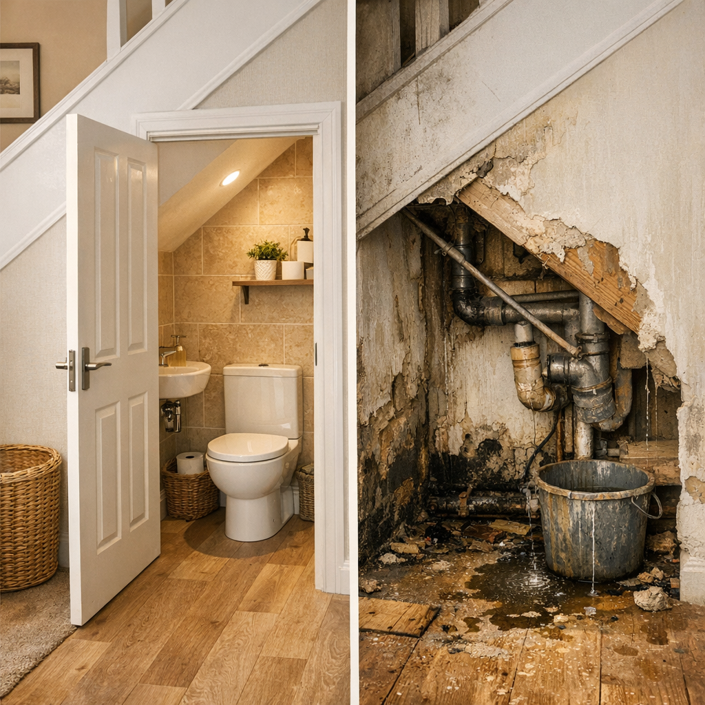 Prix d’un WC sous escalier : comparer le coût visible et le coût de risque